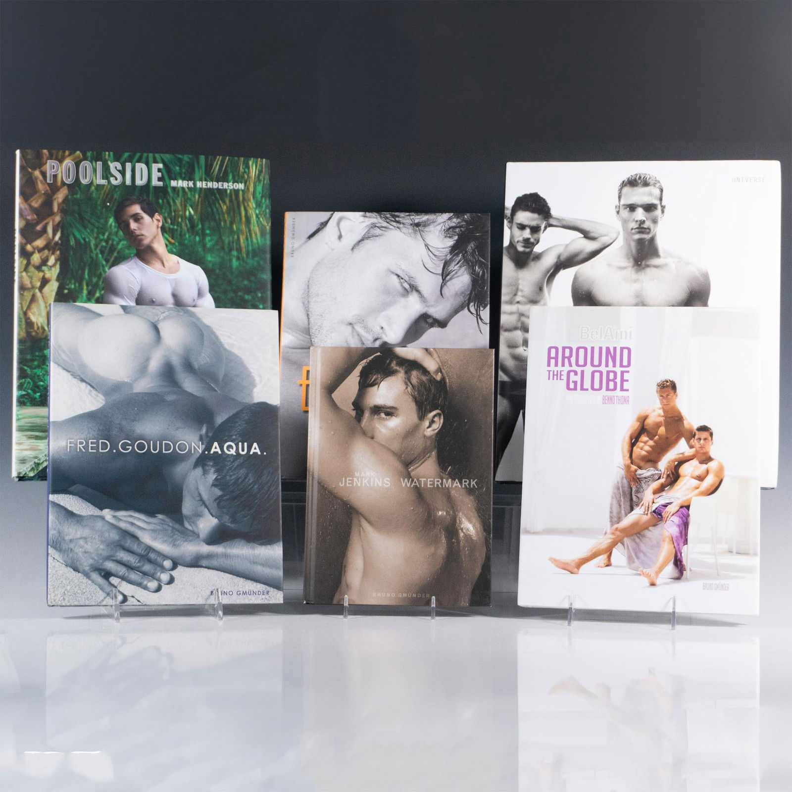 6 Books of Wet Men Erotic Art Photography: A collection of colored, and black and white photography art books of male models in seductive positions while under, in or near water. Titles includes Watermark (Mark Jenkins, 2009); BelAmi Around Th