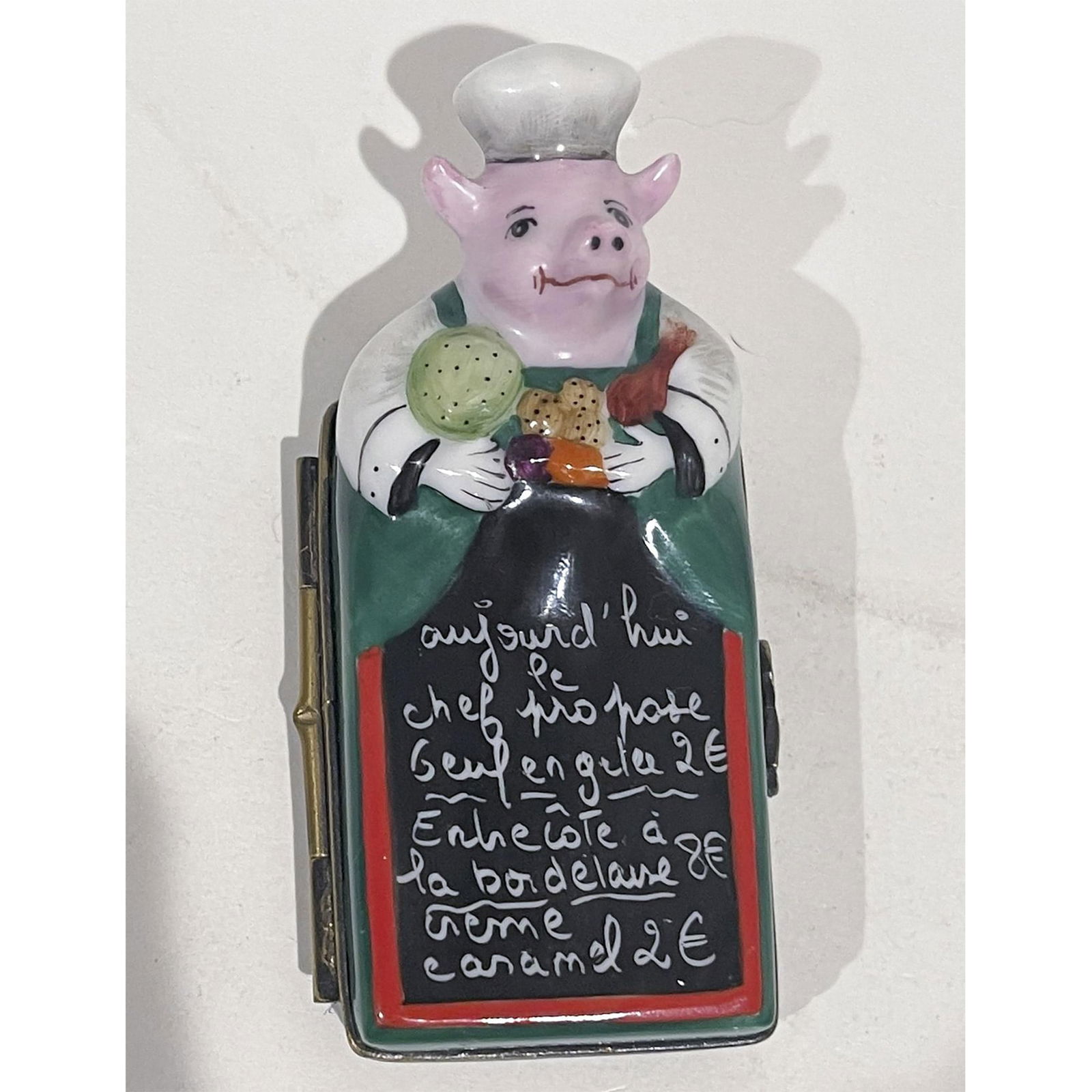 Limoges France Keepsake Box, Chef Pig Atop Menu Board (1 of 4)
