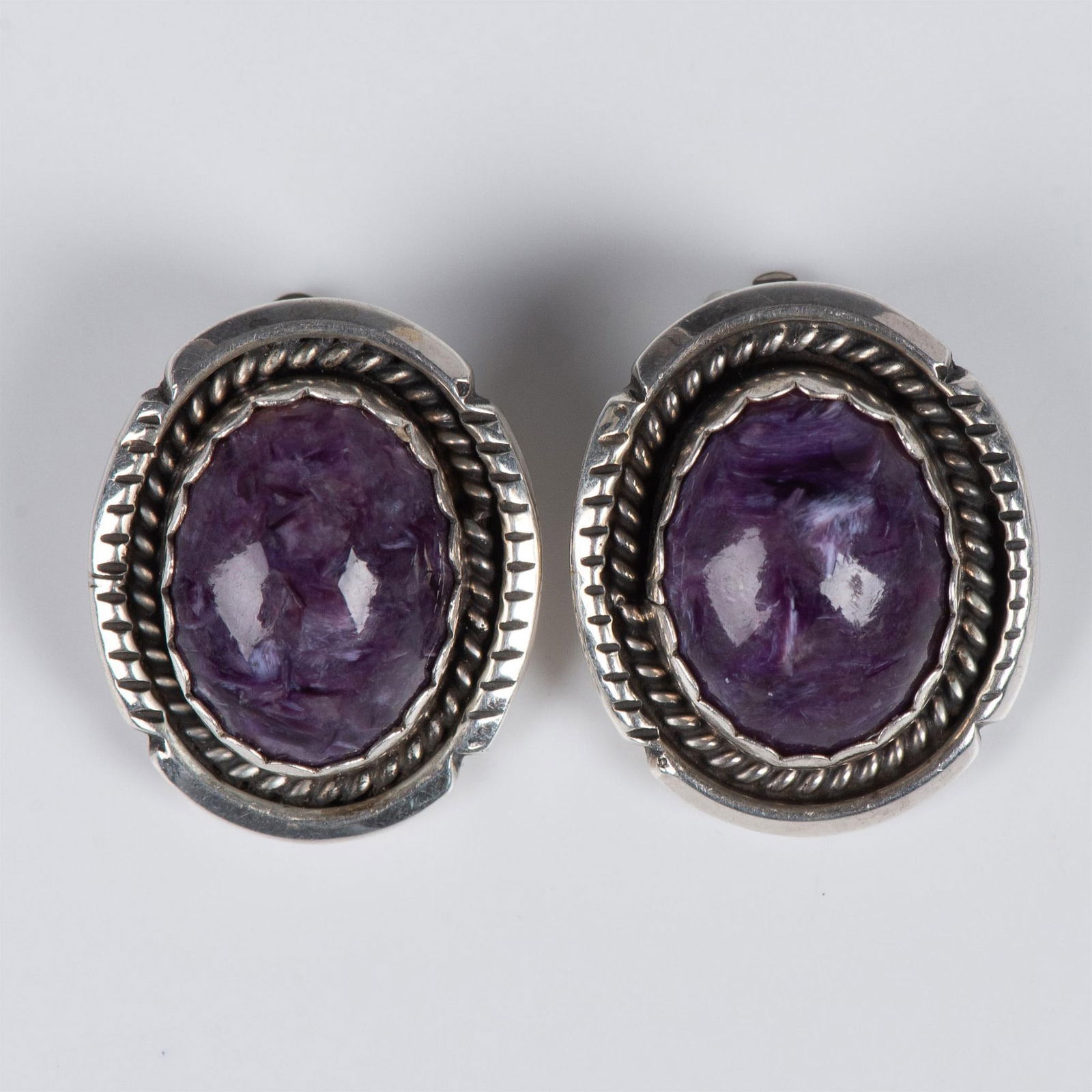 Native American Sterling Silver and Charoite Clip-On Earrings (1 of 4)