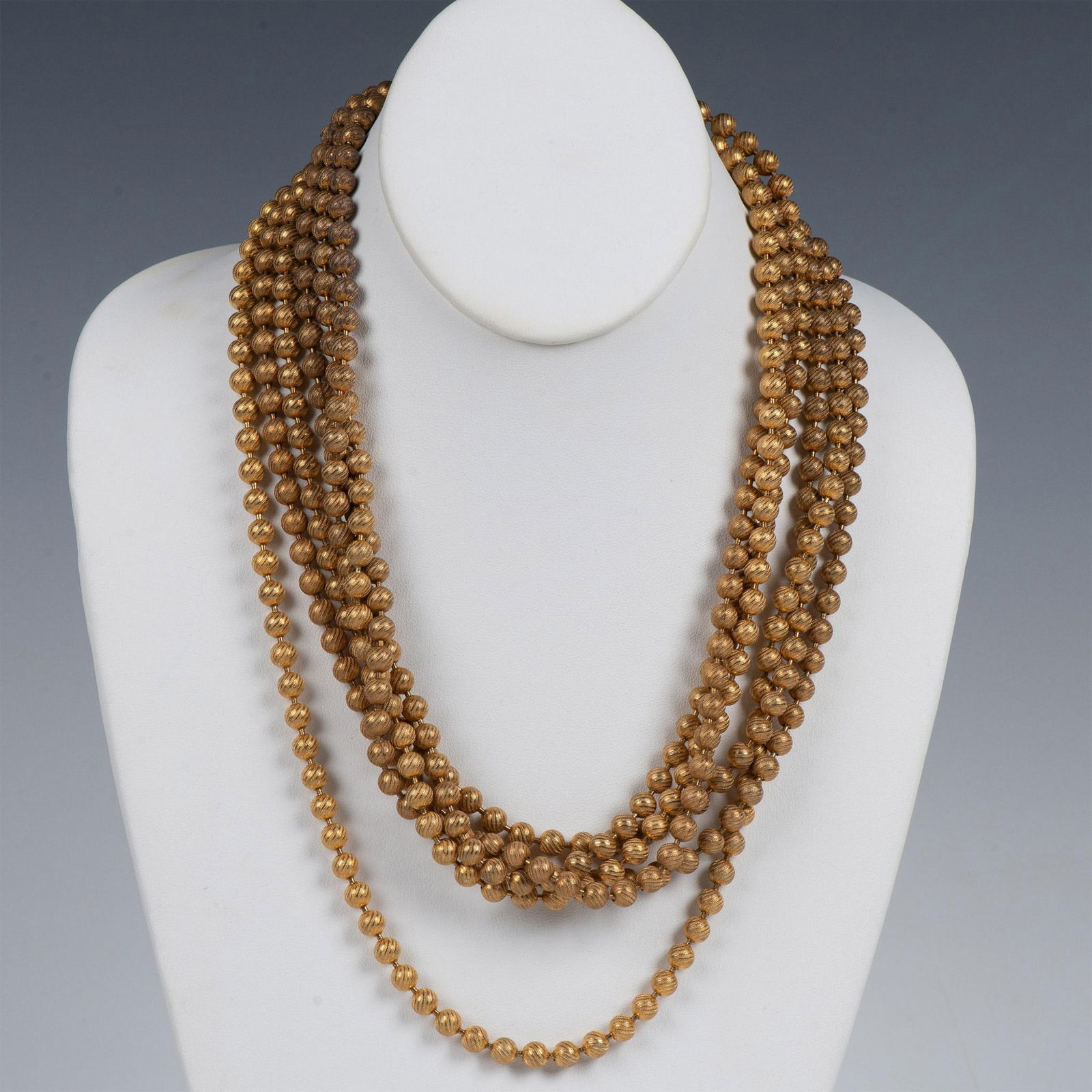 Beautiful Long Three-Strand Gold Metal Beaded Necklace (1 of 5)