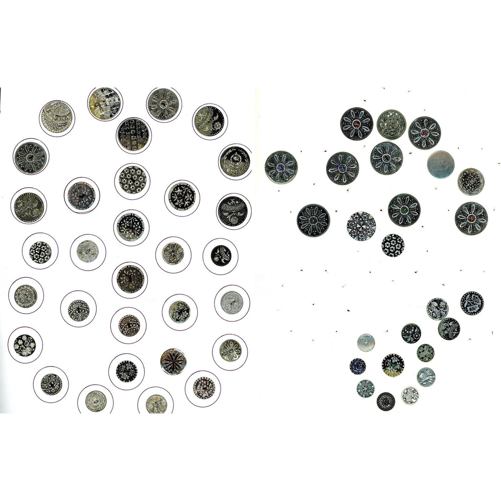 2 Cards of assorted pewter buttons: 58 Small/Medium 19th century pewter including bright cut. Issued: DIVISION 1=PRE 1918 AND DIVISION 3 IS AFTER 1918 Dimensions: SM=Less than 3/4", Medium=3/4" to 1 1/4". Large=1 1/4" and above, extra l