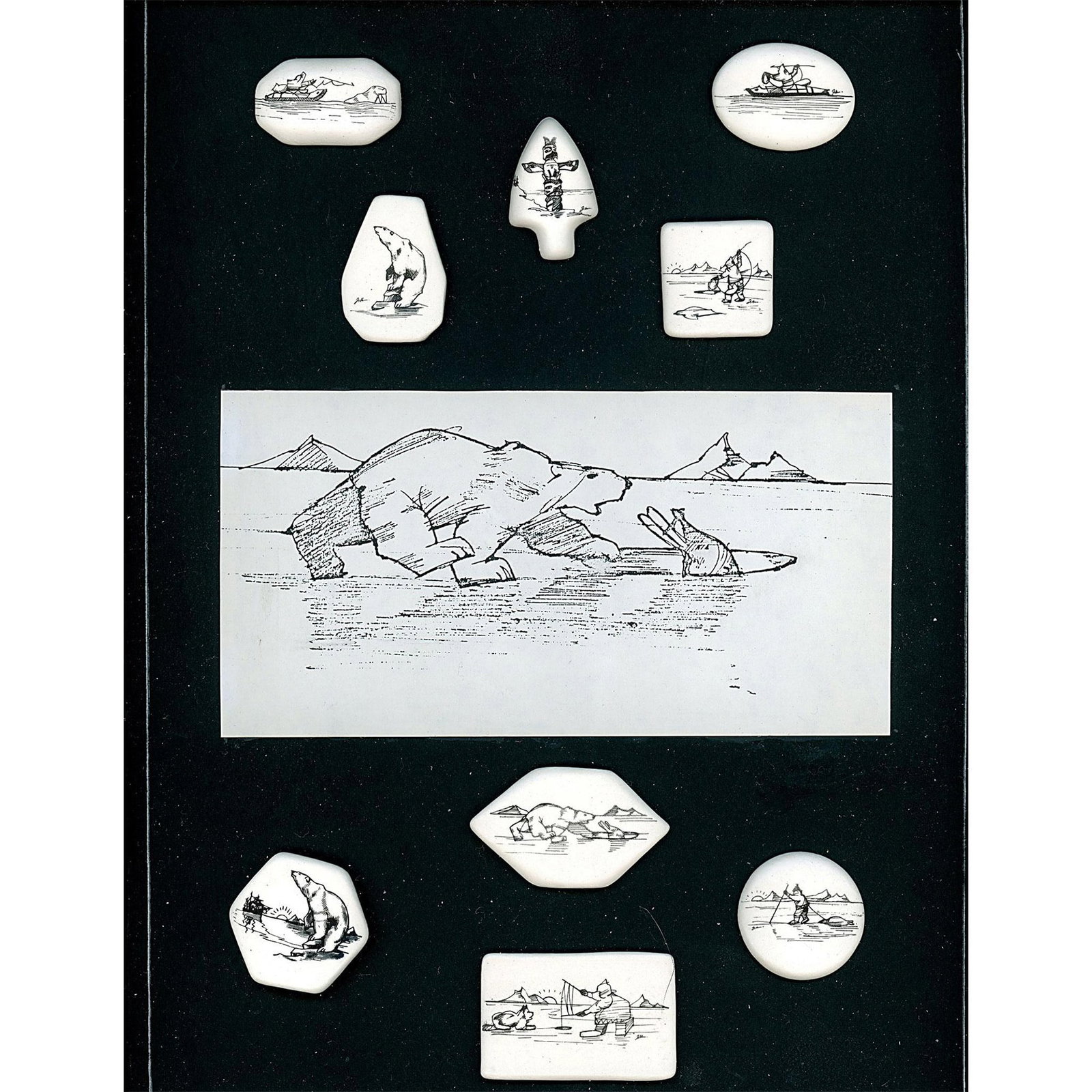 A card of Scrimshaw style ceramic buttons: 9 Large 20th C. white and black ceramic buttons of Eskimo scenes. Issued: DIVISION 1=PRE 1918 AND DIVISION 3 IS AFTER 1918 Dimensions: SM=Less than 3/4", Medium=3/4" to 1 1/4". Large=1 1/4" and above,