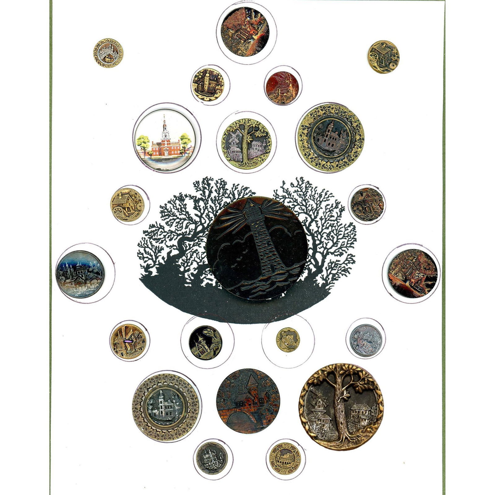 A card of assorted material buttons including pictorial (1 of 6)