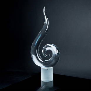 Murano Elio Raffaeli Large Spiral Art Glass Sculpture: Large hand blown curled glass sculpture on frosted glass base. Signed by the artist. Original Murano Glass sticker. Artist: Elio Raffaeli Dimensions: 12"L x 5"W x 30.75"H Manufacturer: Murano Glass Co