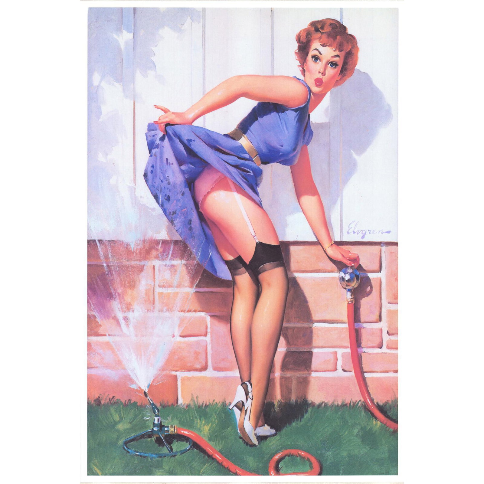Gil Elvgren (American 1915-1980) Fine Art Print: Vintage print of pinup girl lifting up her skirt while getting wet by sprinkler water. Artist: Gil Elvgren Dimensions: 21"L x 30"H