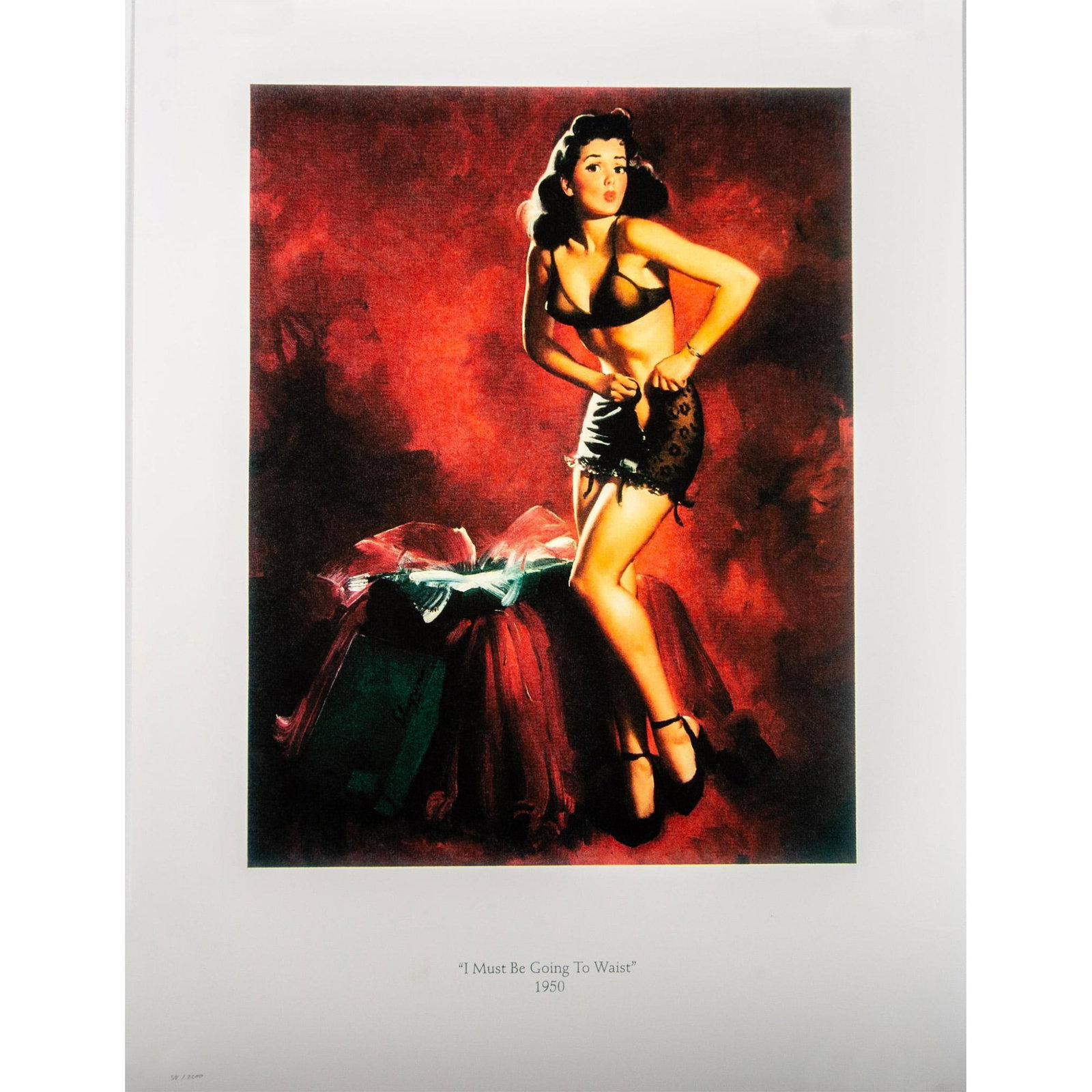 Gil Elvgren (American, 1914-1980) Pin Up Fine Art Print: One of the most famous artist's works titled 'I Must Be Going To Waist' created in 1950. Limited edition print, numbered in pencil lower left 38/2500. Measures 24" x 18" (sheet size).