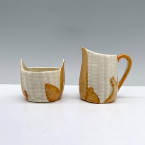 2pc Clinchfield Art Pottery Sugar Jar and Creamer, Corn Cob