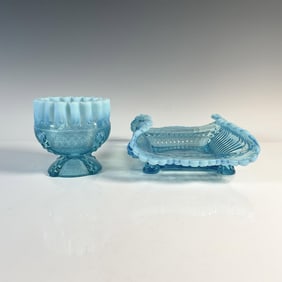 2pc American Art Blue Glass, Platter and Bowl