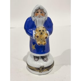 Limoges France Keepsake Box, Cobalt Santa with Teddy Bear