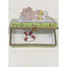 Limoges France Keepsake Box, Lounging Pig on Beach Towel