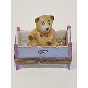 Limoges France Keepsake, Teddy Bear in Baby Crib Peint Main