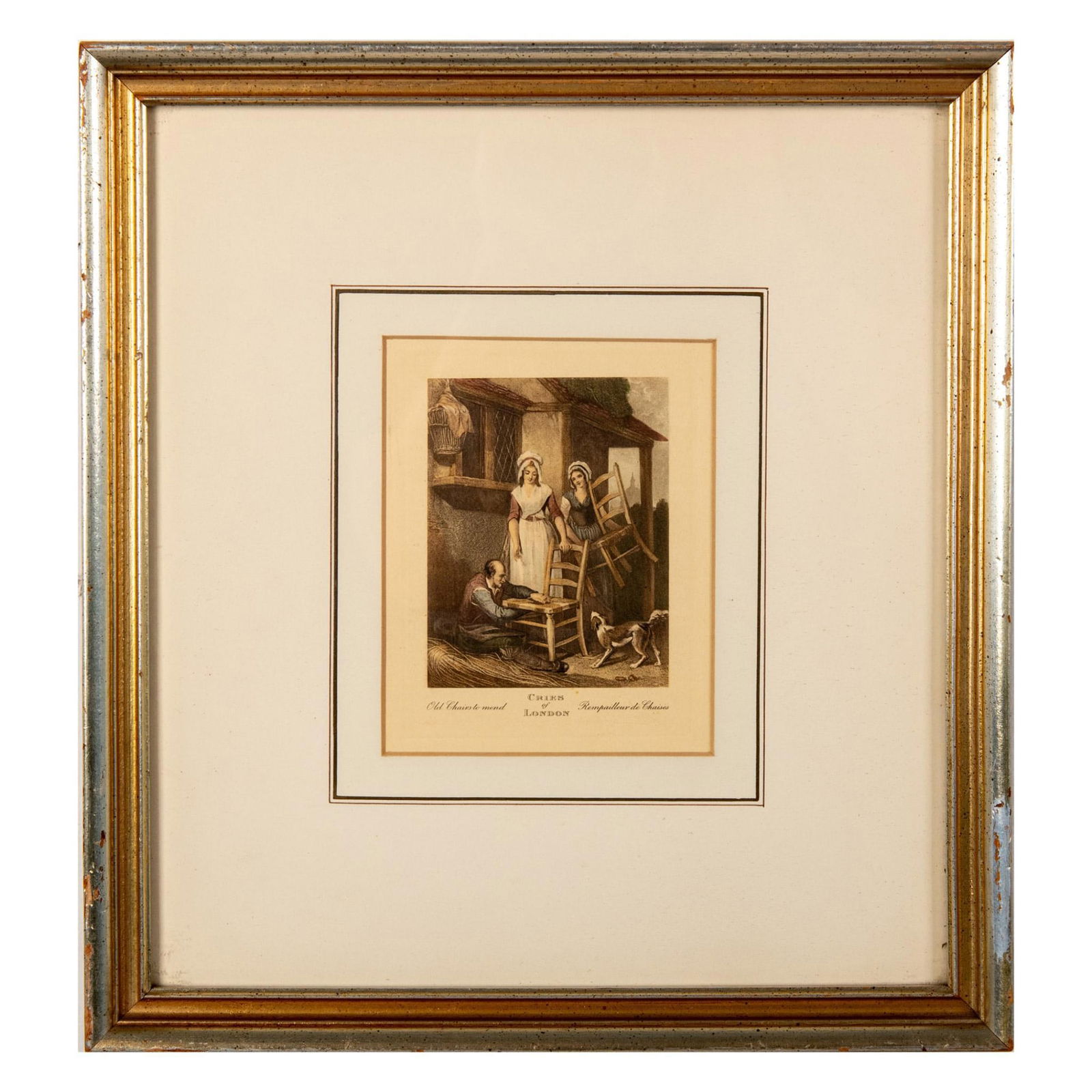 After Wheatley, Original Color Engraving, Cries of London: Beautifully detailed color engraving after English Royal Academician Francis Wheatley series Cries of London, entitled Old Chairs to Mend (Rempailleur de Chaises.) Housed in an gilded frame with an of