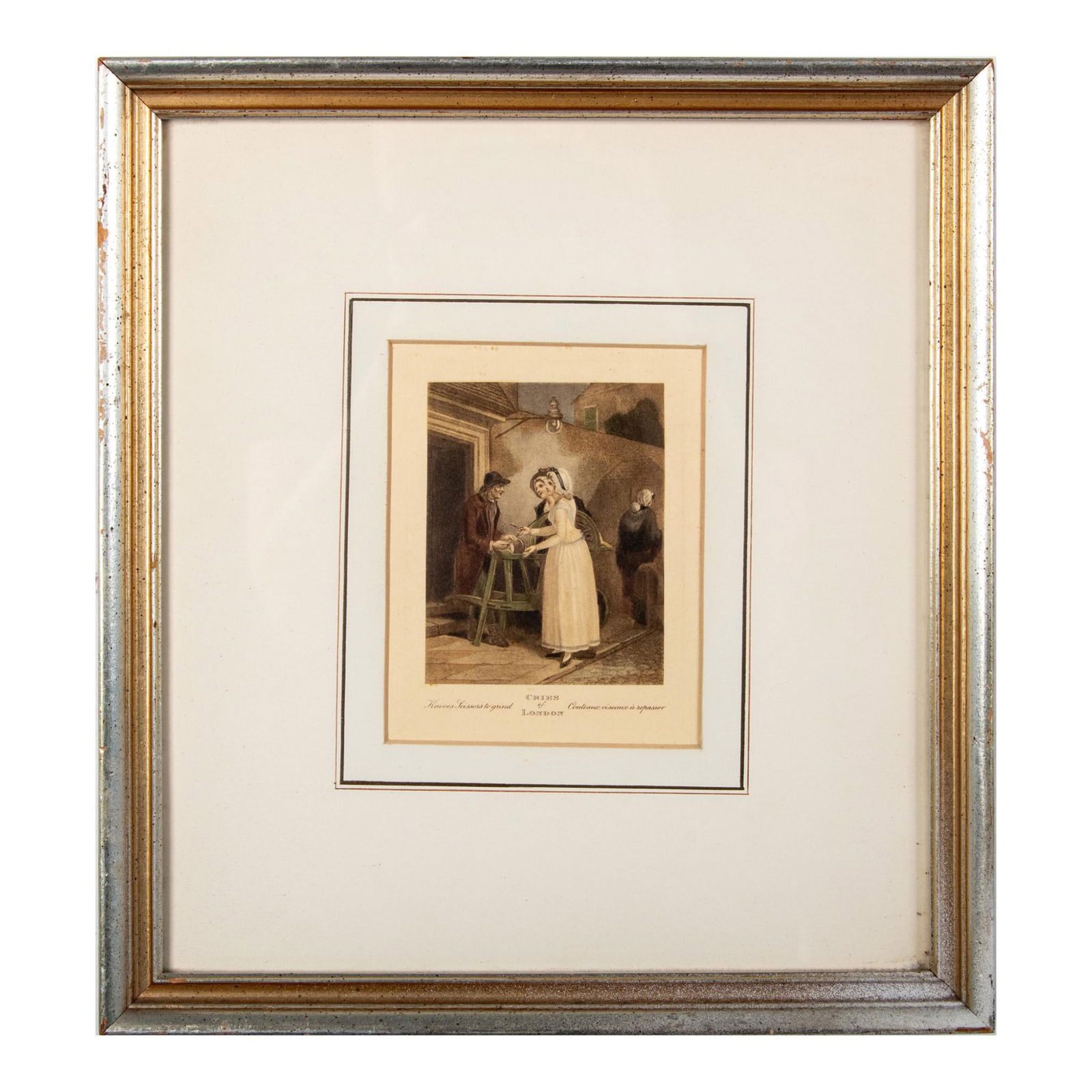 After Wheatley, Original Color Engraving, Cries of London: Beautifully detailed color engraving after English Royal Academician Francis Wheatley entitled Knives, Scissors to Grind (Couteaux, ciseaux a repasser.) Housed in an brushed gilded frame with a ecru m