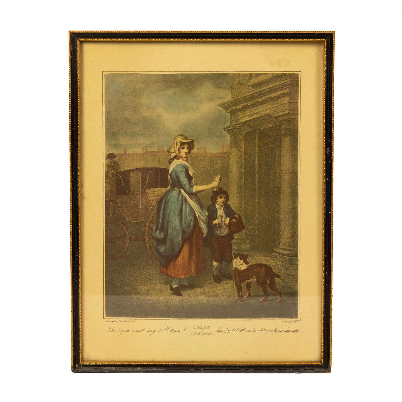 After Wheatley, Original Color Lithograph, Cries of London: Original color lithograph on paper fixed to board after English Royal Academician Francis Wheatley's series Cries of London, entitled Do you want any matches? Marchande d'Allumettes, Achete mes Bonnes