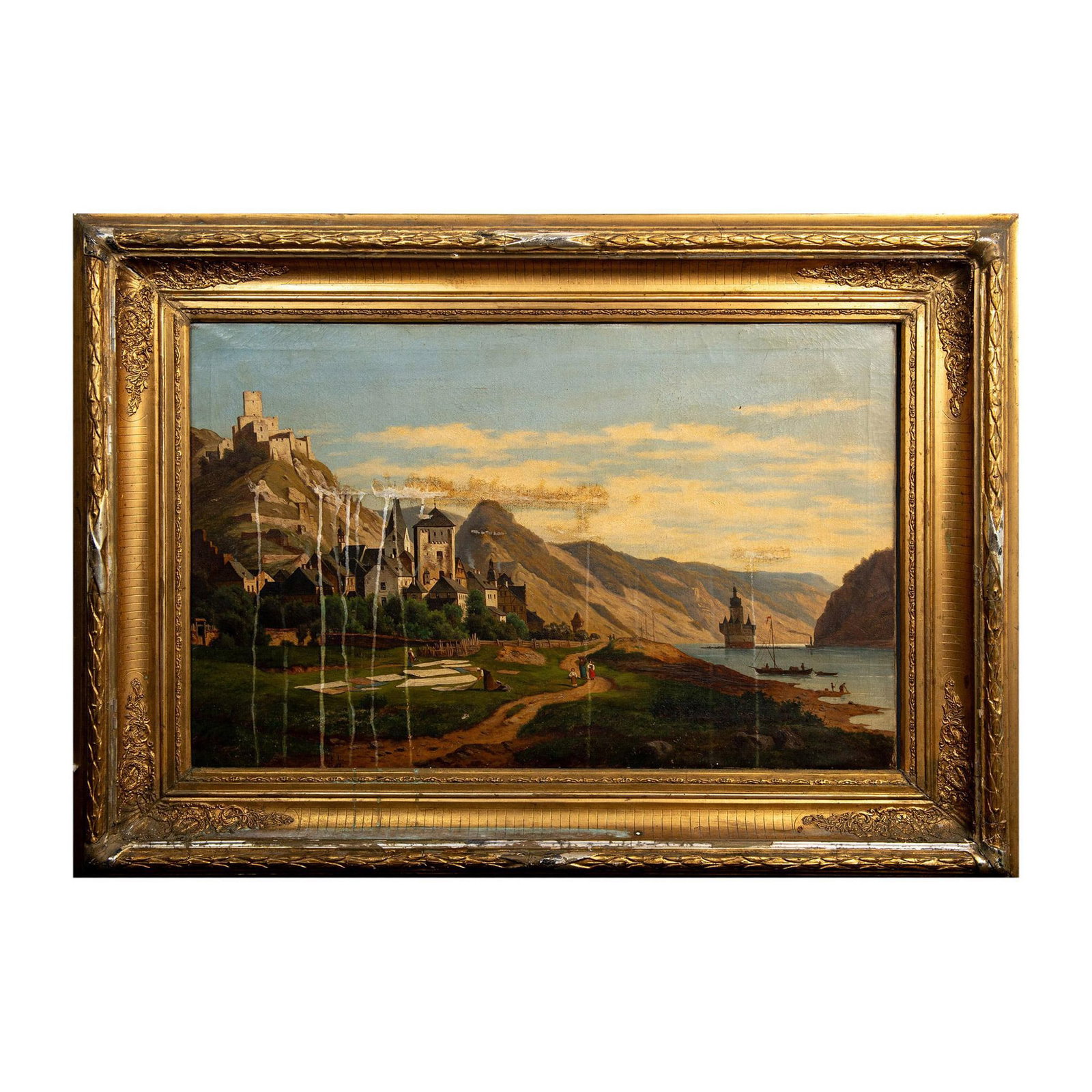 Antique German Oil on Canvas Painting, Signed: Large antique oil on canvas painting depicting a mountainous view of a village between the Pfalzgrafenstein and Gutenfels Castles in Germany with sailboats and a steamship drifting down the Rhine. Hou