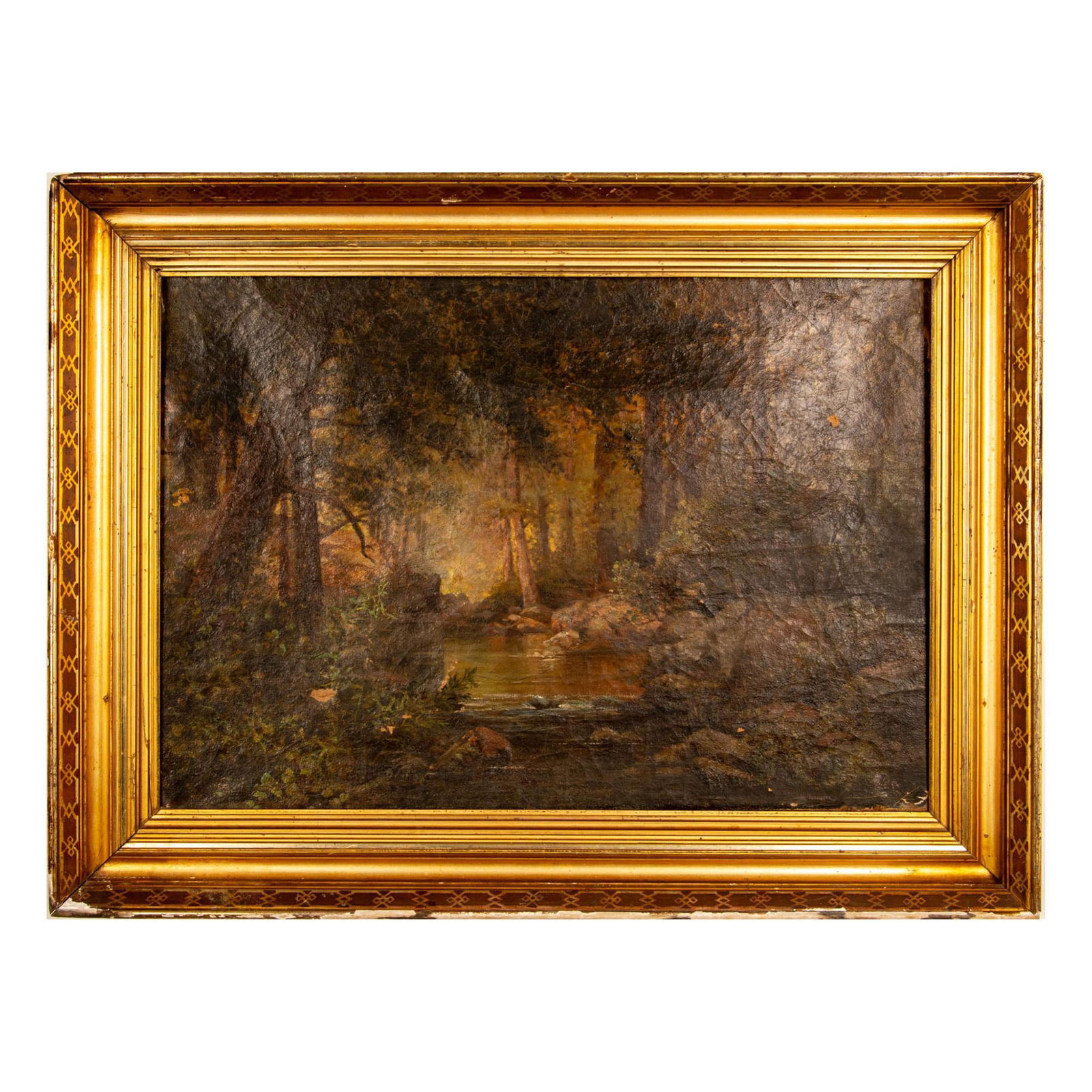 Antique Original Oil on Canvas, Clearing in Forest, Signed: This splendid large oil on canvas is painted in a French Barbizon Style. It depicts a clearing in a forest where sunlight peeks through the trees onto a large pool of water that runs between rocks tow