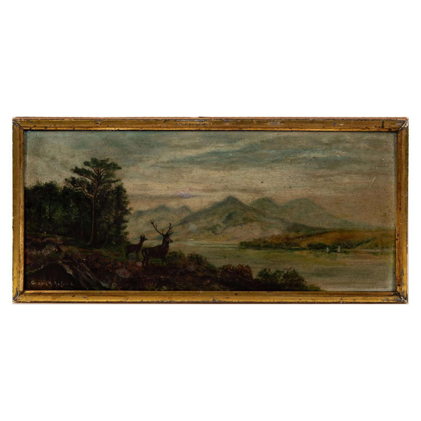 Original Oil on Board, Landscape with Deer, Signed: Original oil on board painting that depicts a stag and a doe in a panoramic landscape flanked with a Northern American forest and a wide river at the base of majestic mountains. Signature on lower lef