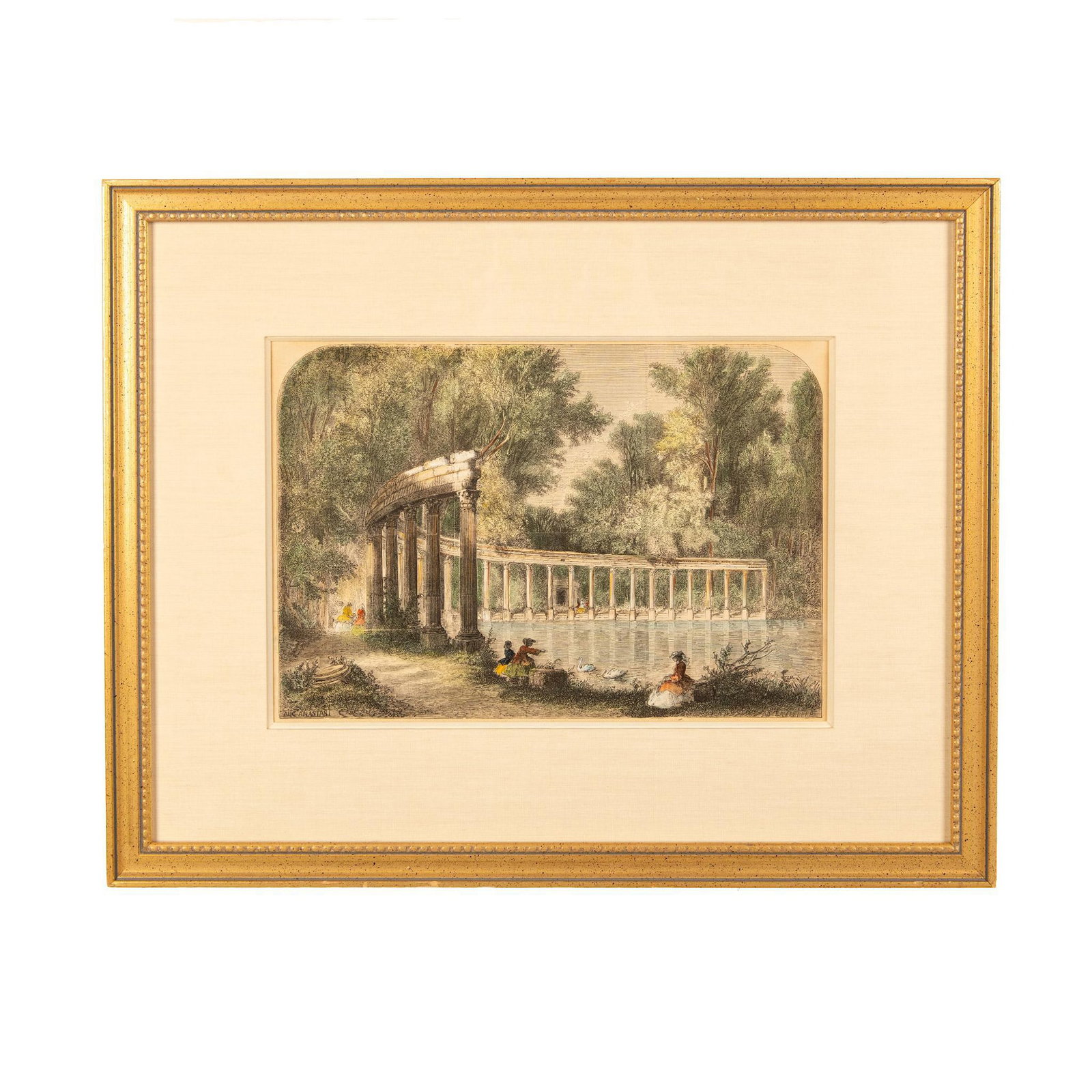 Auguste Anastasi, Original Color Engraving, Le Parc Monceau: Original color engraving of the Parc Monceau lake in Paris, famed for its English picturesque gardens often painted by Impressionists. This artwork was made by Anastasi, a student of Eugene Delacroix.