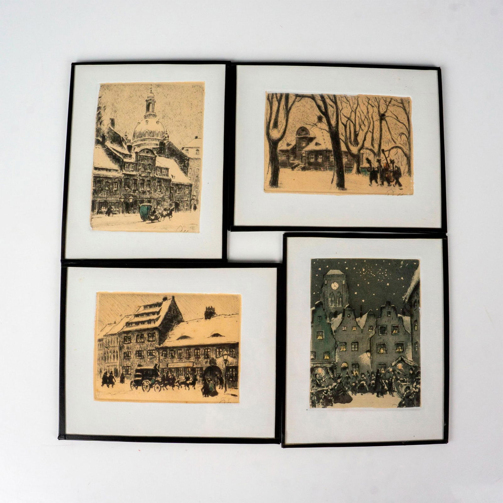 Four Antique Winter Holiday Etchings, Signed (1 of 3)