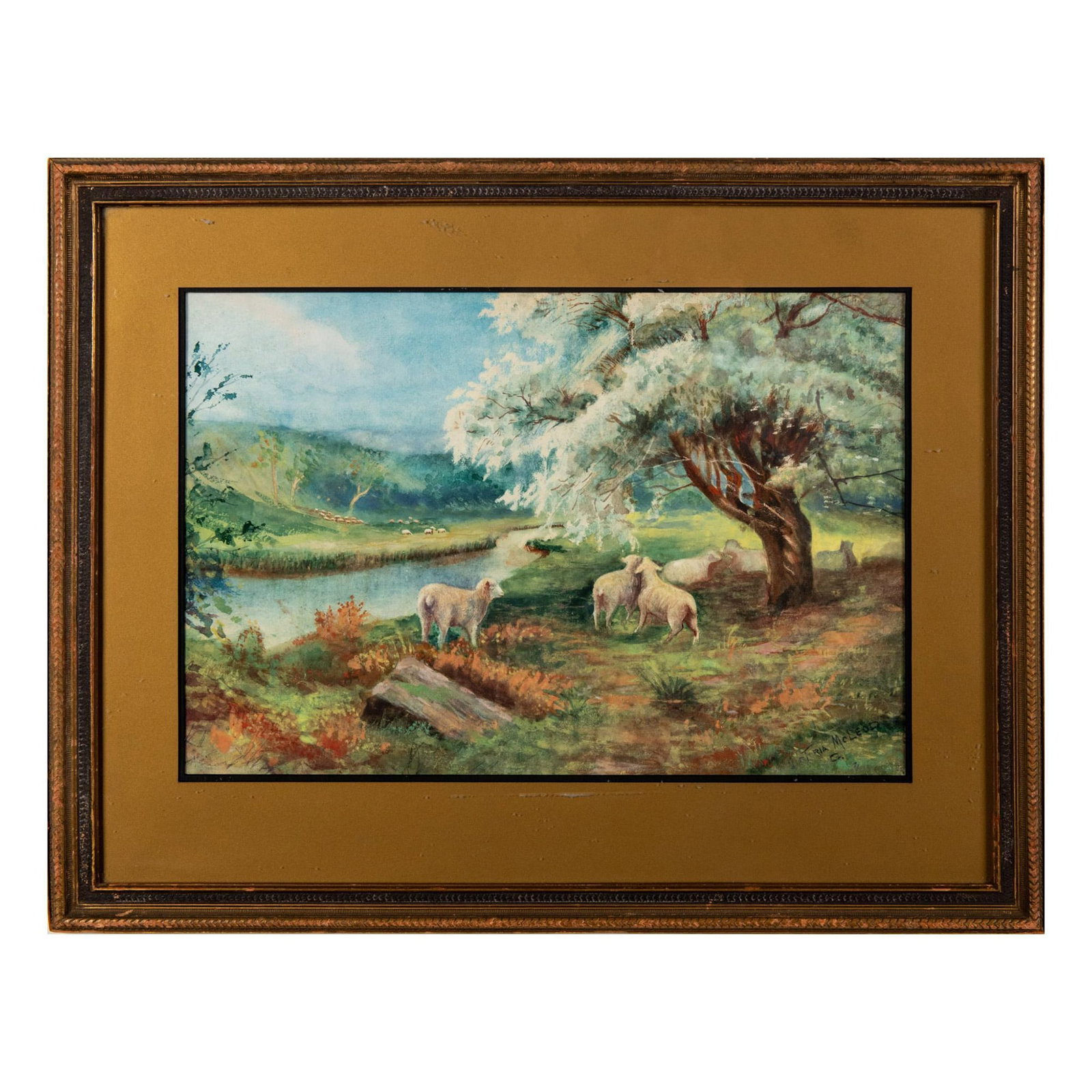 McLeod, Original Pastel & Watercolor on Paper, Signed: Original pastel and watercolor drawing on paper of an English pastoral landscape. A flock of sheep grazes by a white flowers blooming tree as other flocks roam in fields across a limpid river. Housed 