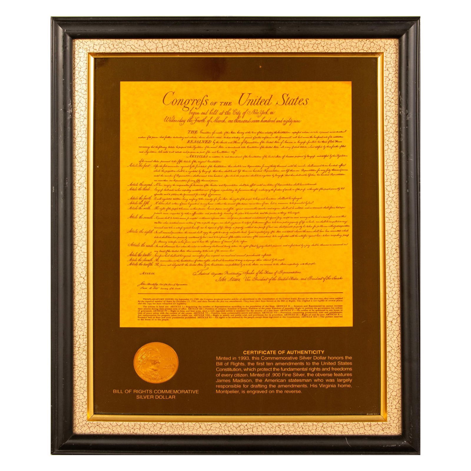 Commemorative Bill of Rights Amendments with Silver Dollar: Commemorative Bill of Rights Amendments on paper published by the American Historic Society. Includes one Bill of Rights Commemorative Silver Dollar (0.900 Fine Silver.) Housed in a black and marbleiz