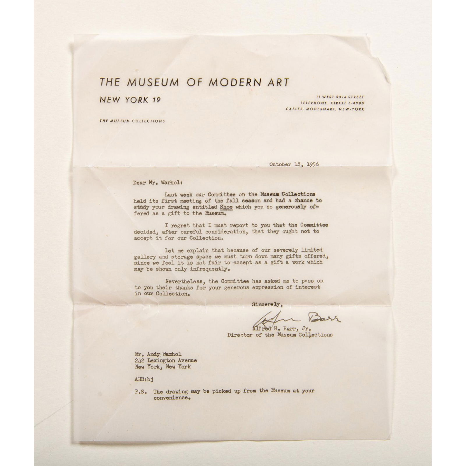 Paper Vellum Replica Andy Warhol Rejection Letter, MoMA (1 of 3)