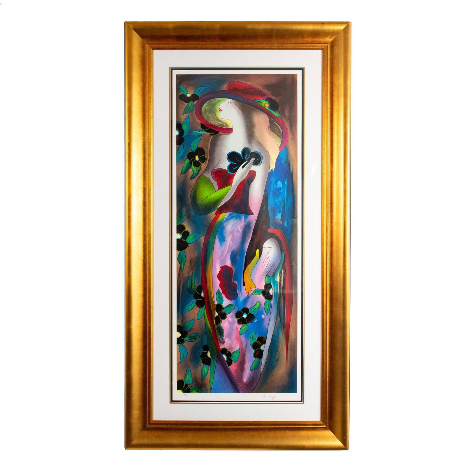 Linda Le Kinff, Color Serigraph on Wove Paper, Signed: French artist Linda Le Kinff's L'Orchidee Noire is a color serigraph on wove paper that depicts a woman holding a black orchid on her heart. She wears a scarlet red bustier with a flowy long skirt wit