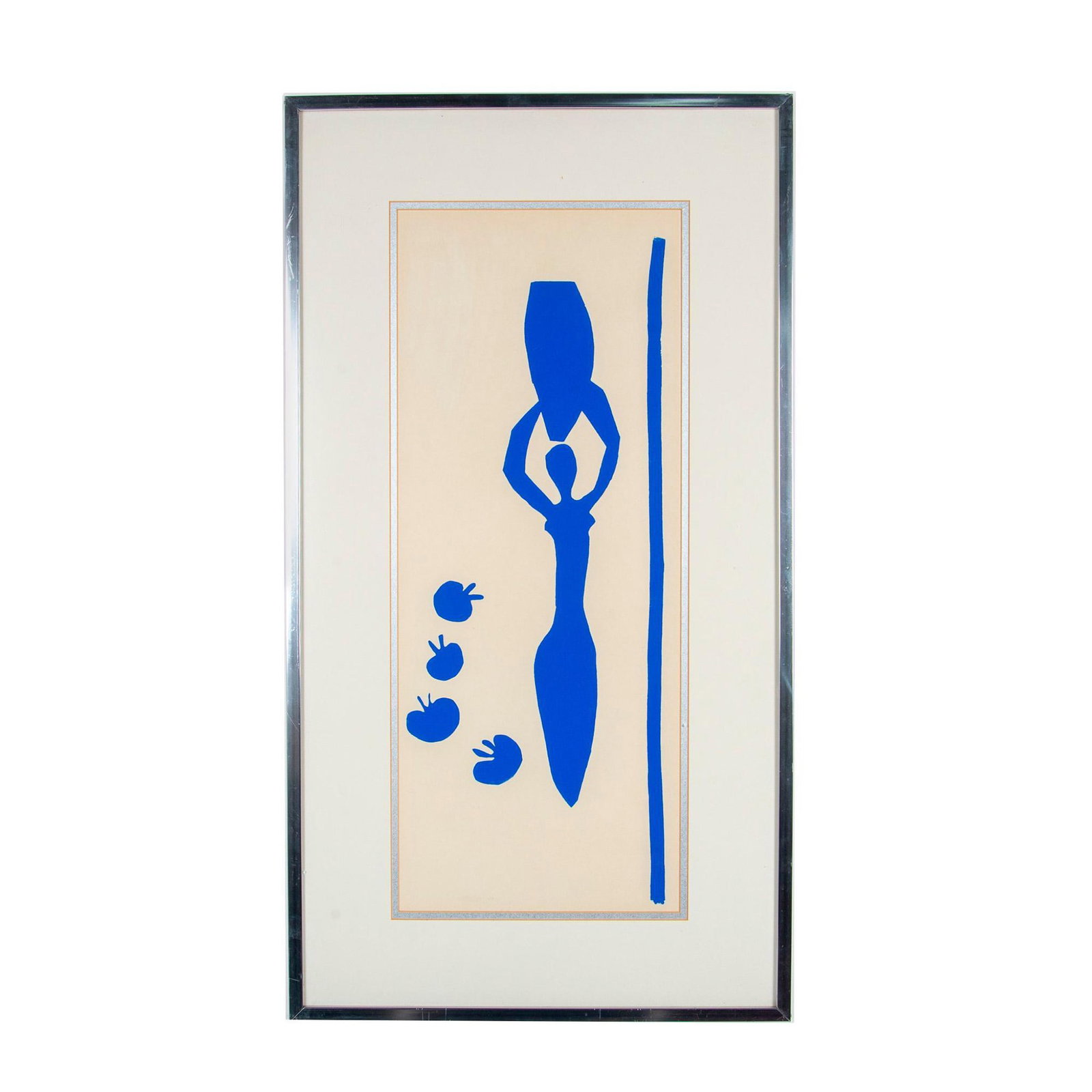 Henri Matisse (Aft.) Blue Nude Vintage Print on Paper: This attractive Henri Matisse blue Nude print is after the Fauvist artist's original 1953 gouache on paper cut-out entitled Woman with Amphora and Pomegranates placed on cream paper. Housed in a polis