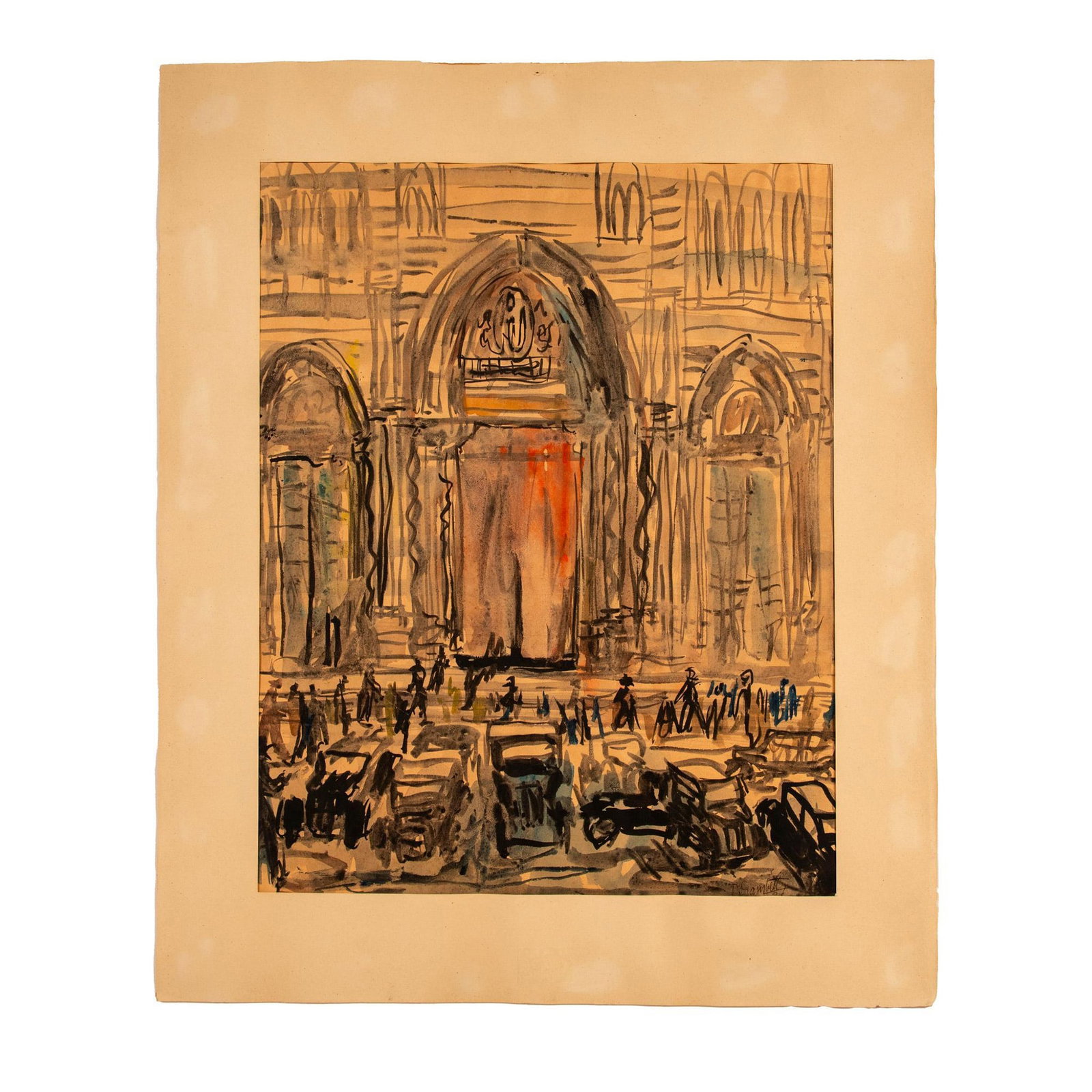 Dino Gambetti, Original Watercolor on Paper, Signed: Large original watercolor on paper glue to board by Italian painter Dino Gambetti who represented the Genoa San Lorenzo Cathedral with passerby and cars parked in front of the facade. Housed under an 