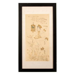 Edna Hibel, Original Gold Enhanced Lithograph, Signed: Beautiful original lithograph on ecru material enhanced with gold leaf dust by American artist Edna Hibel. It depicts bird catcher and fool Papageno as he dances in Mozart's Magic Flute. Written above