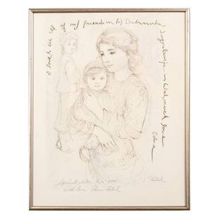 Edna Hibel, Original Monochrome Lithograph on Paper, Signed: Original monochrome lithograph on paper of a child in the arms of a young girl. Written above the impression: I love to see all of my friends in Dubrovnik (?) Yugoslavia, with much love, Edna. Housed