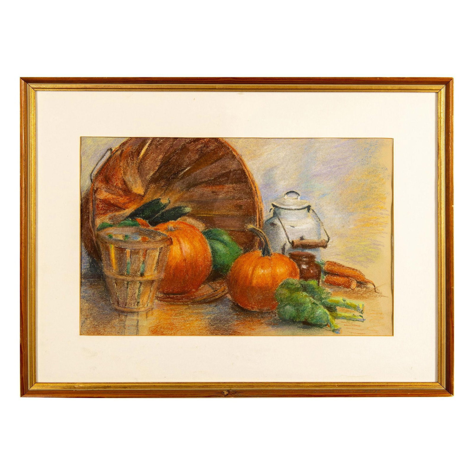 Original Pastel on Paper, Still-life with Fall Vegetables: Original pastel on paper that depicts an arrangement of autumn season vegetables including orange pumpkins that are placed by wooden baskets. Housed in a gilded wood frame with a white mat. Artwork di