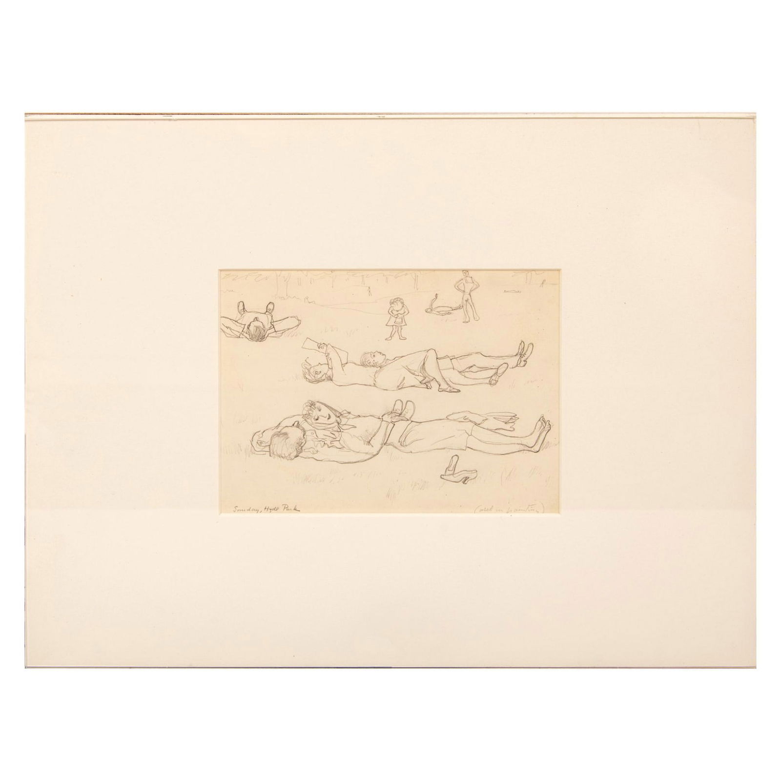 Emlen Etting, Original Pencil Drawing on Paper w/ Annotation: Original pencil drawing on paper entitled Sunday, Hyde Park that Emlen Etting used for a painting. This preparatory drawing depicts single figures and couples relaxing, reading, and lounging in the Lo