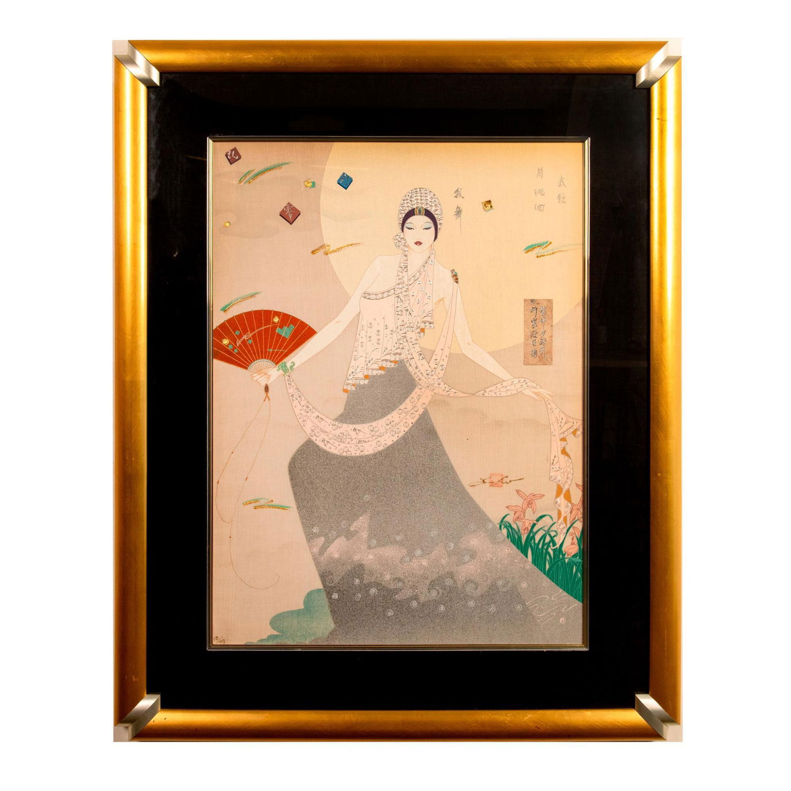 Lillian Shao, Large Art Deco Color Serigraph on Silk Signed: Dancing Below The Moon is a small edition color serigraph on silk enhanced with gold foil and silver accents made by Taiwanese artist Lillian Shao in an Art Deco style. It depicts an Asian beauty who