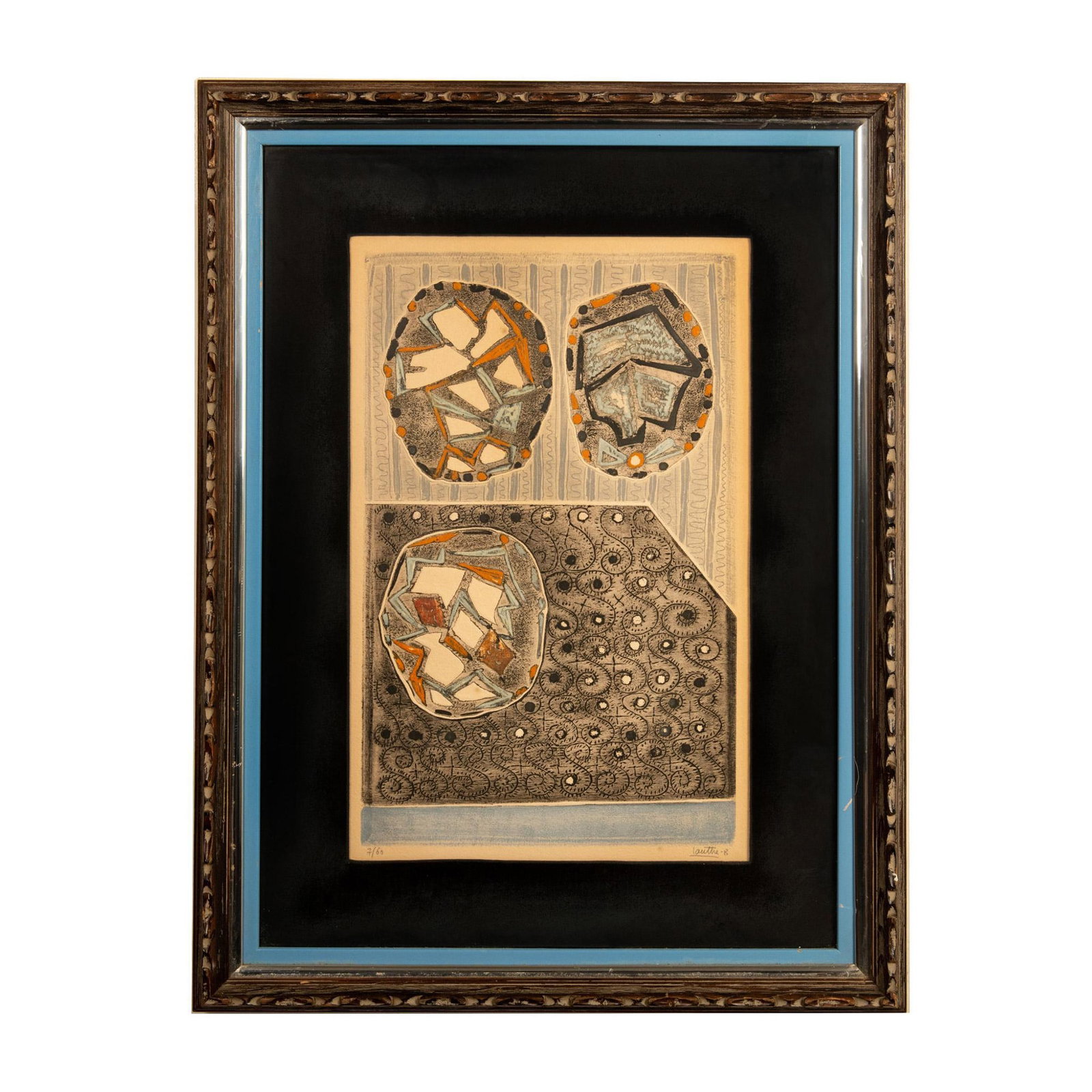 Louttre Bissiere, Original Color Woodcut on Paper, Signed: Original small edition color woodcut on paper by French artist Louttre. B. who created sets of non-representational designs with sky blue, rust, greys, and black colors that interact with the ecru bas