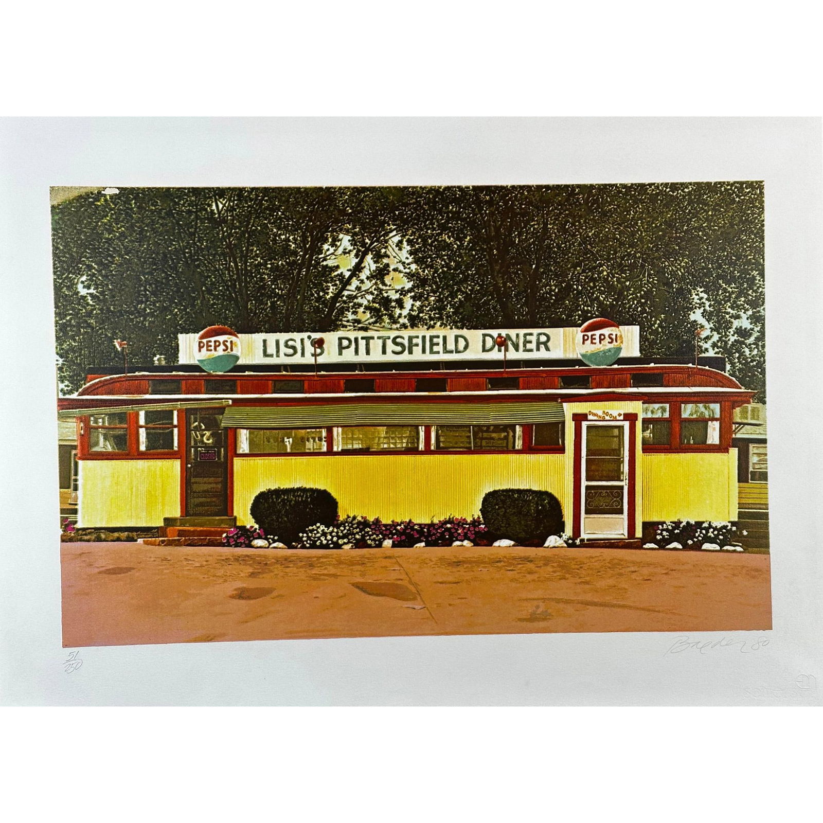 John Baeder (1938-), Screenprint, Lisi's Pittsfield Diner, Signed: Screenprint titled Lisi's Pittsfield Diner Signed bottom right numbered 151/150. Sight size 30" x 22"