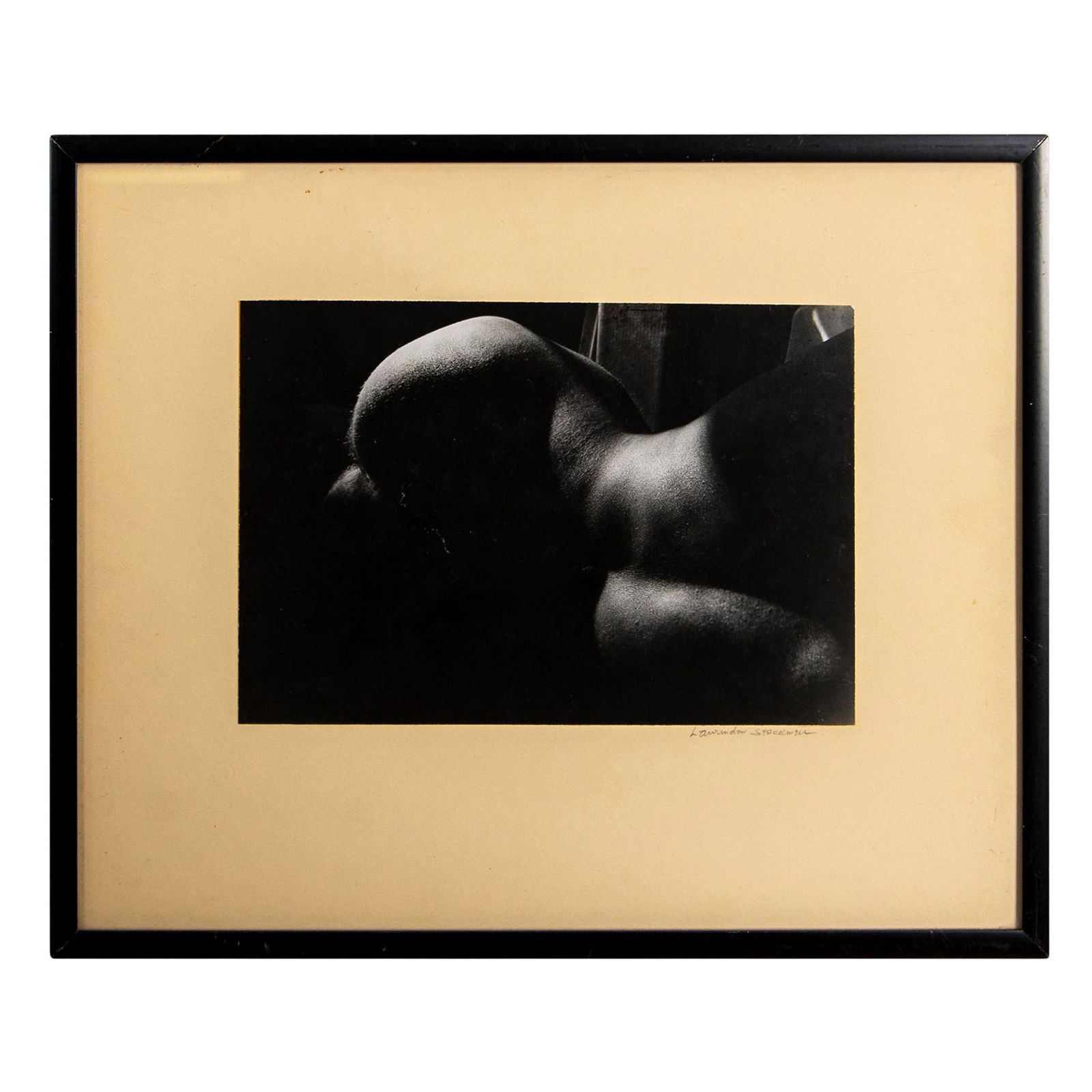 Laurinda Stockwell, Black & White Photograph, Nude, Signed: Black & white photograph by Laurinda Stockwell of a reclining nude shot in natural soft evening light that highlights the back and buttocks of the model. Signed in pencil: Laurinda?Stockwell. Frame si