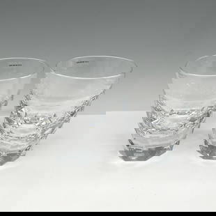 Pair of Orrefors Crystal Carat Double Old Fashioned Glasses: Clear crystal tumbler with cut base. Orrefors mark. This item has its original box: 3.75"L x 3.75"W x 5"H. Artist: Lena Bergstrom Issued: 21st century Dimensions: 4.25"H x 3.5" dia. Manufacturer: Orre