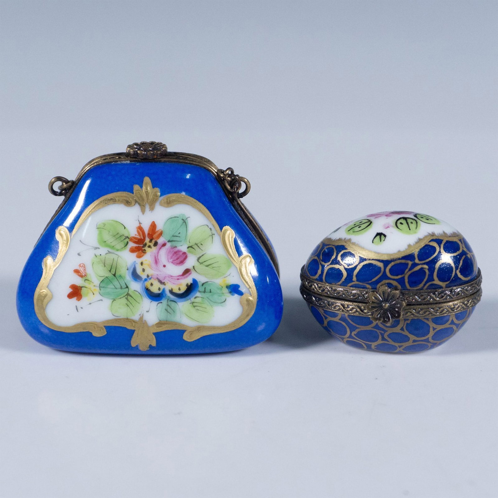 2pc Limoges Porcelain Treasure Boxes, Victorian Egg and Bag (1 of 4)