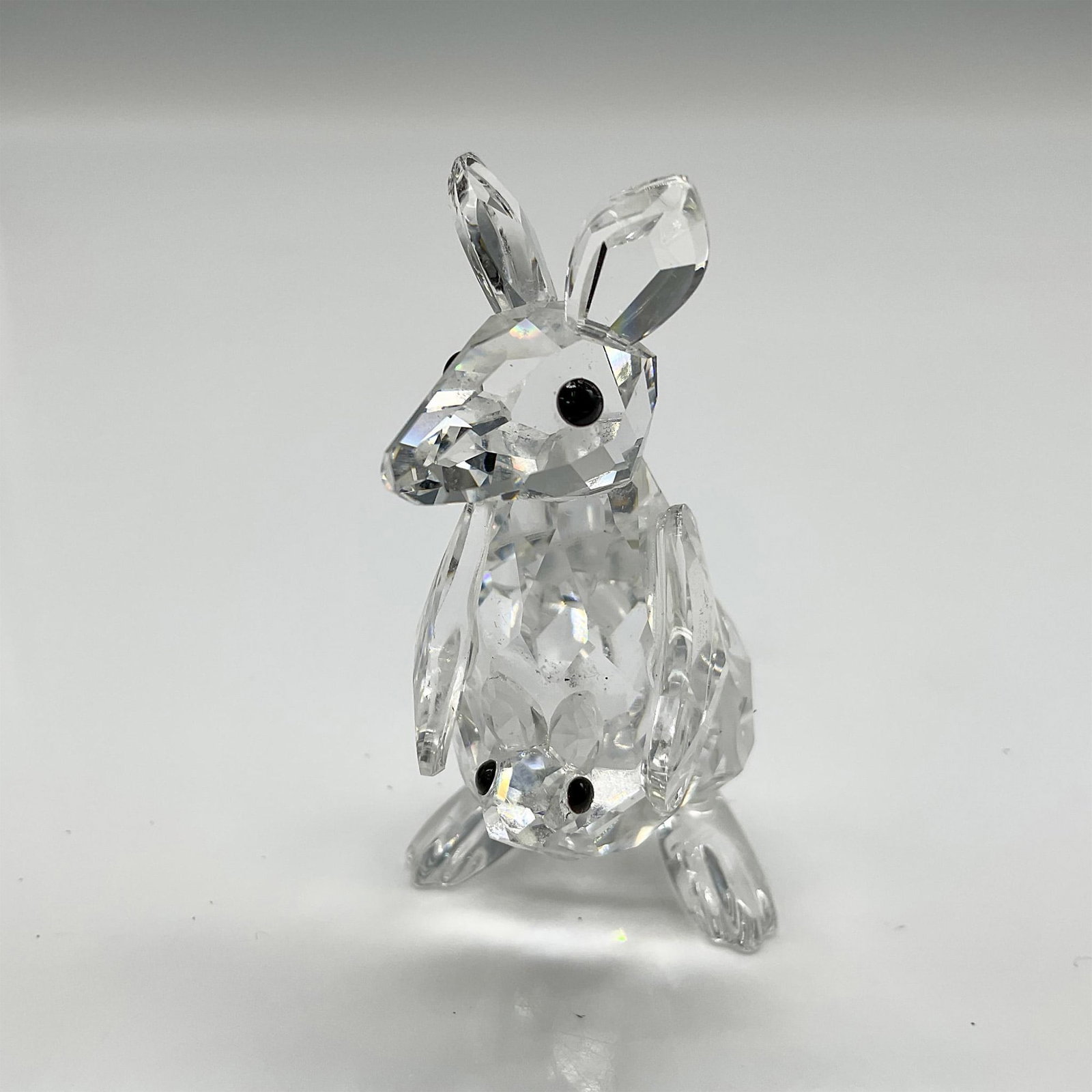 Swarovski Silver Crystal Figurine, Mother and Baby Joey: Part of the Rare Encounters group. Mother Kangaroo with baby in pouch are made from clear faceted crystal bodies with black button eyes. Swarovski backstamp. 7609 000 001. This item has its original b