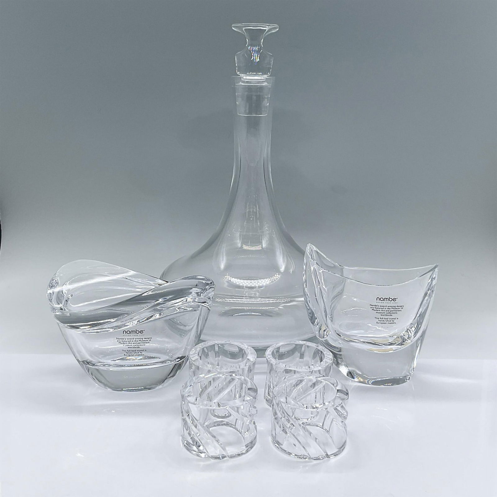 7pc Nambe Glass Decanter, Sugar Bowl, Creamer, Napkin Rings (1 of 9)