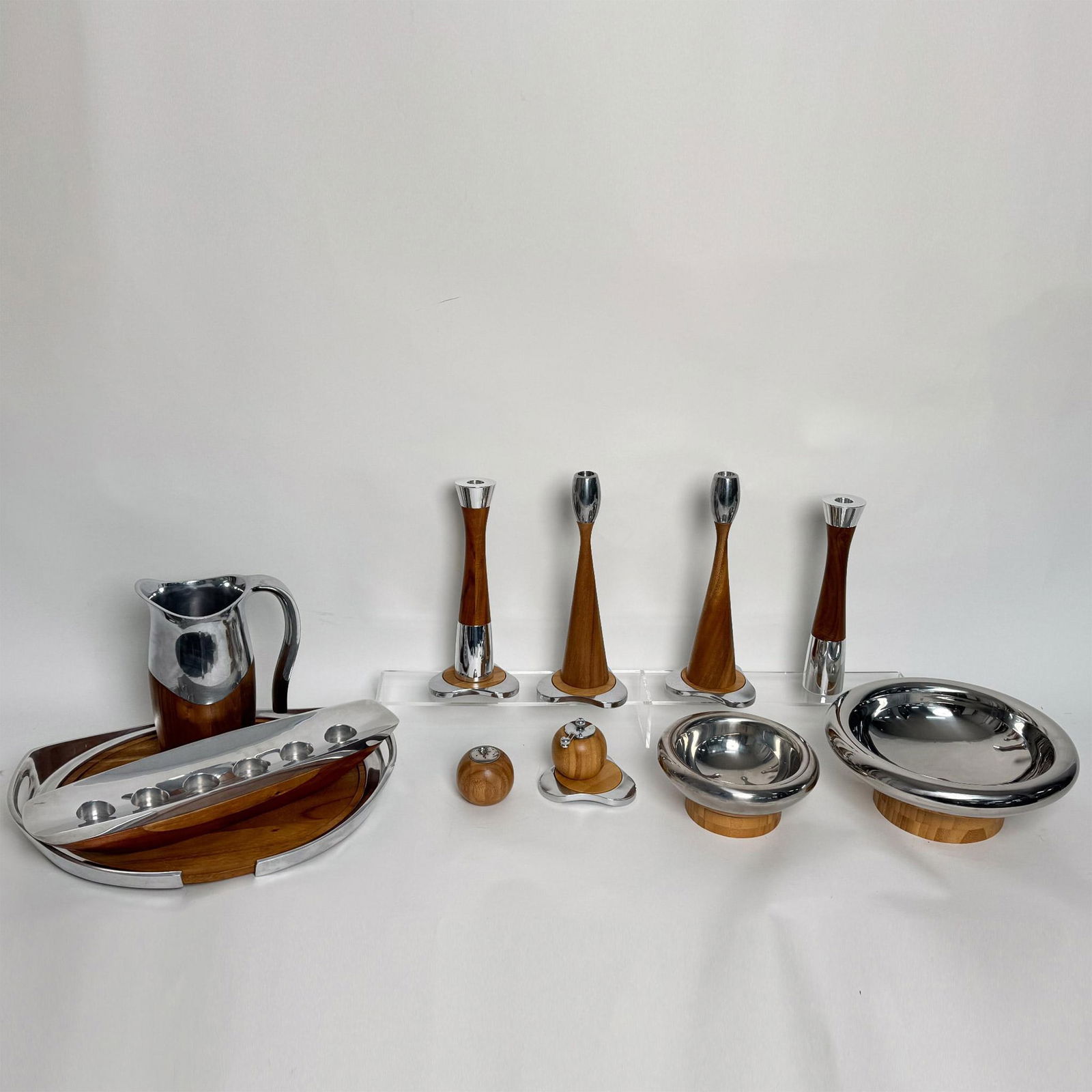 15pc Nambe Silver/Wood Serveware, Bowls, Tray, Candlesticks (1 of 8)