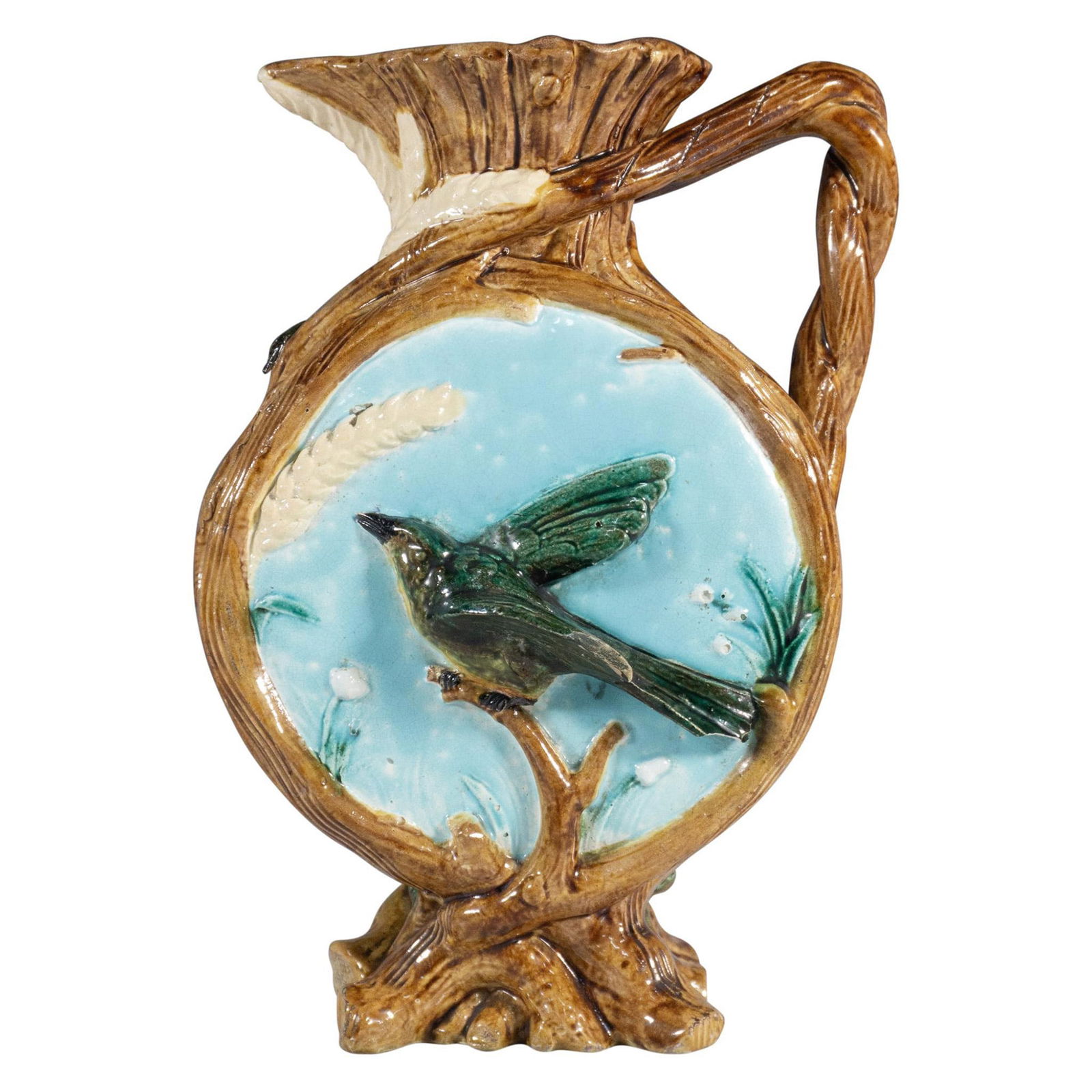 Antique Majolica Bird on Branch Moon Shaped Pitcher (1 of 6)