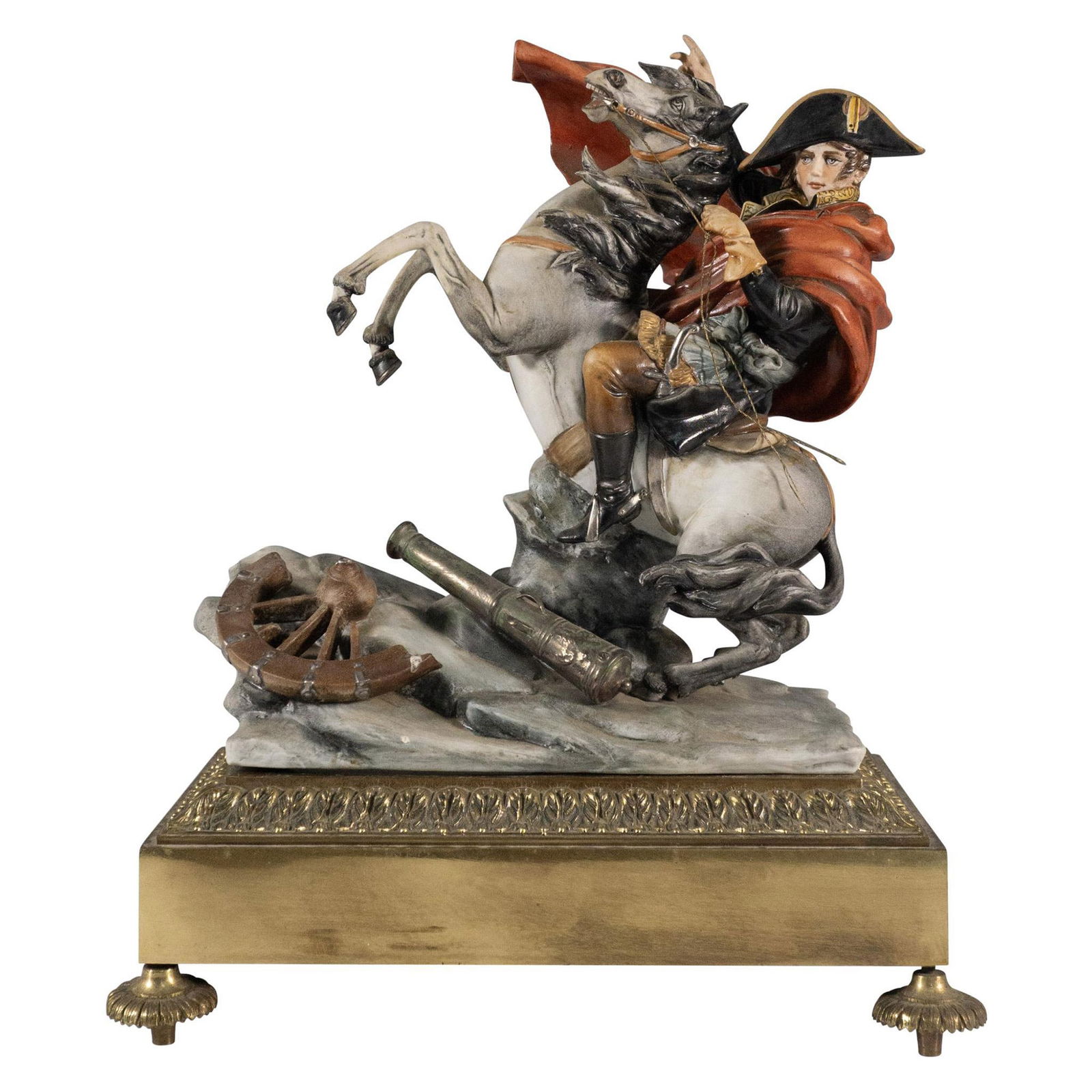 Capodimonte Style by Tyche Bruno Figurine, Napoleon: Polychrome porcelain figure inspired by Jacques-Louis David (French, 1748-1825) oil painting, Napoleon Crossing The Alps. Sculptor signature engraved on the surface. Unusual mark on the underside. Thi