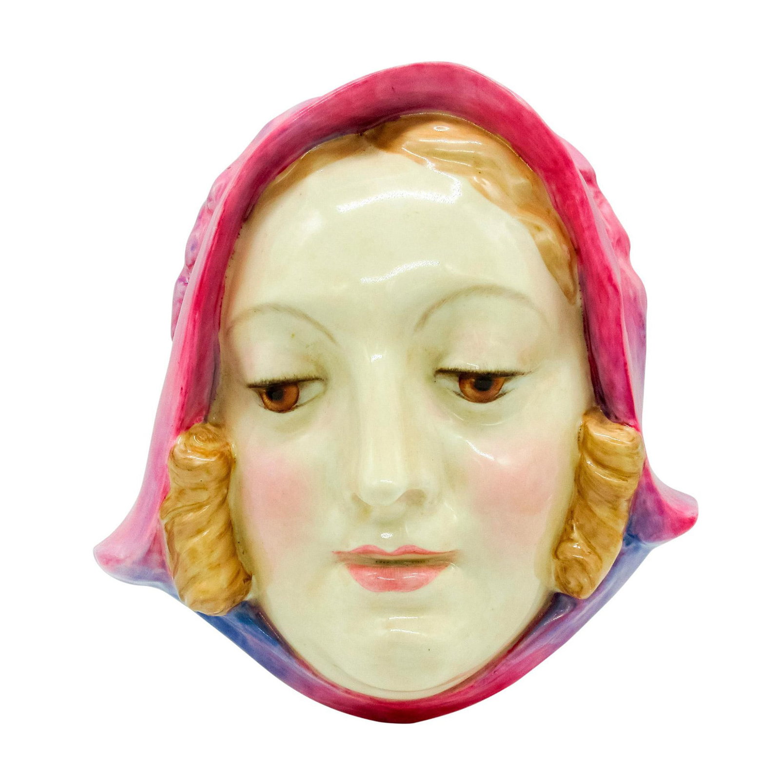 Sweet Anne HN1590 Wall Mask - Royal Doulton Figural Display: White colored face with blonde hair and brown eyes. Pink hat with blue highlights. Royal Doulton backstamp. Artist: Leslie Harradine Issued: Circa 1933-1940 Dimensions: 7.5" W x 8" H Manufacturer: Roy