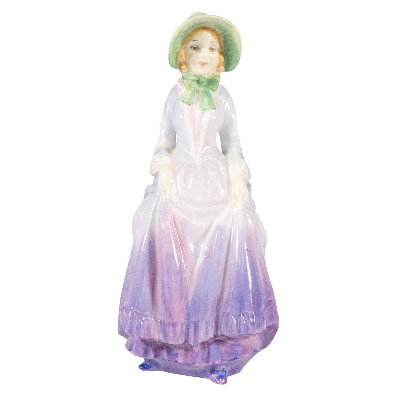 Marigold HN1447 - Royal Doulton Figurine: Hand painted of a lady in green bonnet and lilac-purple dress. Royal Doulton backstamp. Artist: Leslie Harradine Issued: c. 1931-1949 Dimensions: 2.75"L x 2.25"W x 5.75"H Manufacturer: Royal Doulton