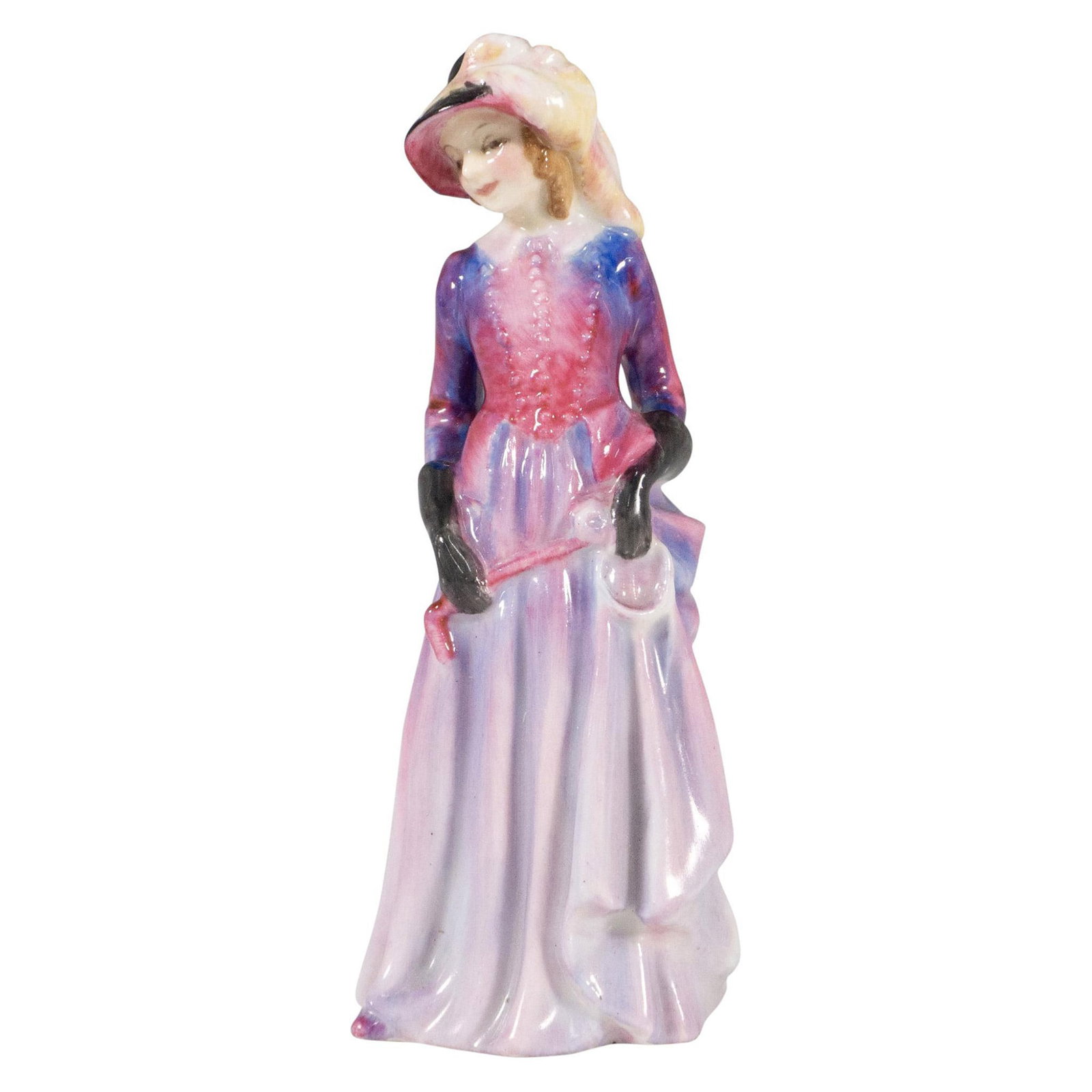 Maureen M85 Miniature - Royal Doulton Figurine: Hand painted pink, black and blue colorations. Miniature Ladies pay tribute to some of the most beloved Pretty Ladies from Royal Doulton's archives. Royal Doulton backstamp. Artist: Leslie Harradine I