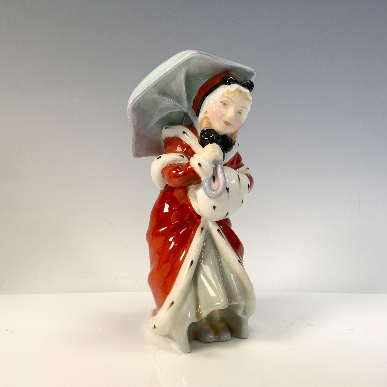 Miss Muffet HN1936 - Royal Doulton Figurine: Glossy figural huddled under umbrella, dressed in winter red coat. Royal Doulton backstamp. Artist: Leslie Harradine Issued: 1940 - 1967 Dimensions: 2.25"L x 2.5"W x 6"H Manufacturer: Royal Doulton C