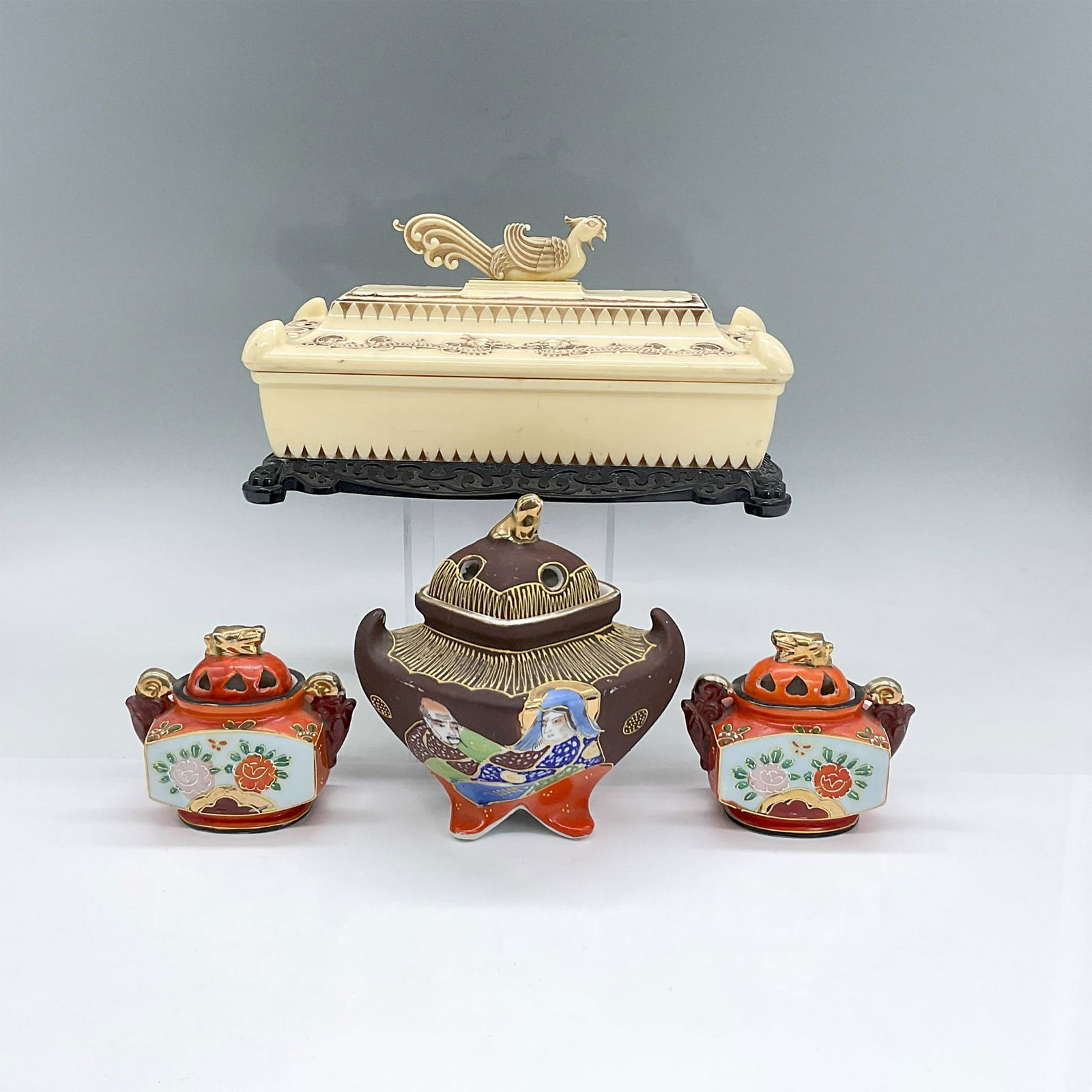 4pc Asian Celluloid Dresser Box + Porcelain Incense Burners (1 of 3)