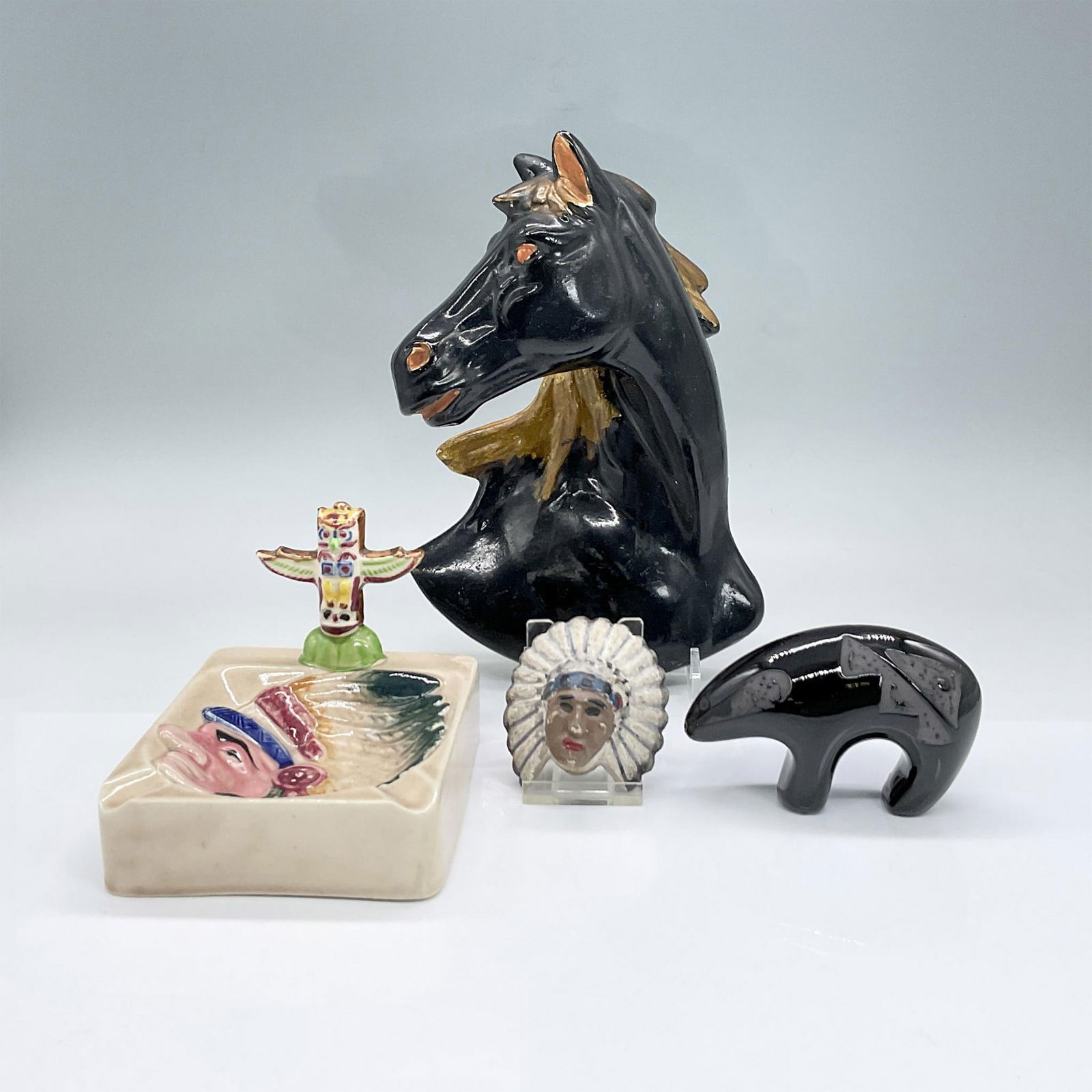 4pc Native American Ashtray/Bear Figure/Chief/Horse Plaque (1 of 10)